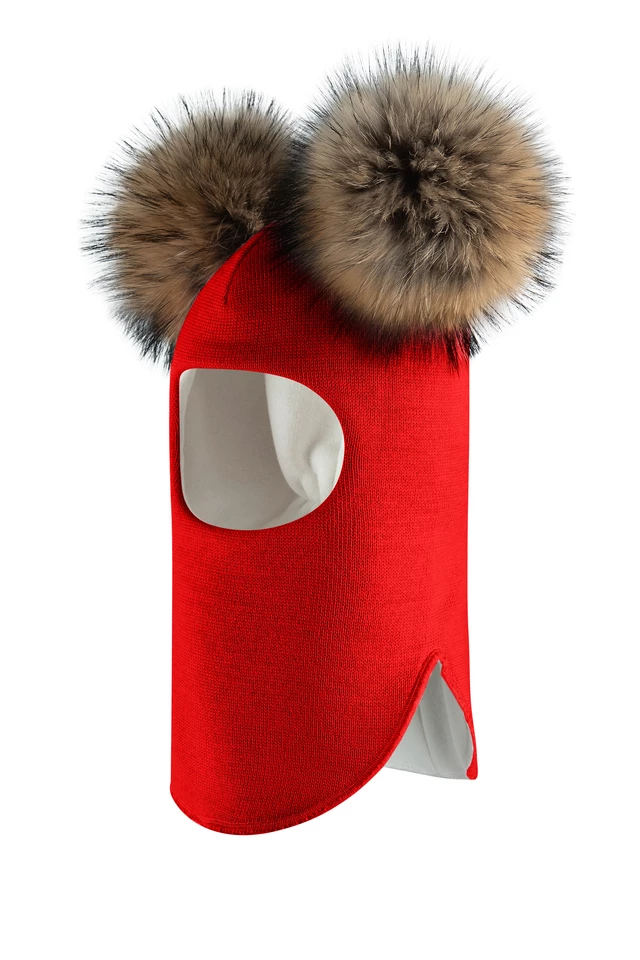 Зимняя шапочка-шлем Corona.hm "Карамелька" красный с 2 натуральными помпонами енот