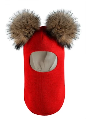Зимняя шапочка-шлем Corona.hm "Карамелька" красный с 2 натуральными помпонами енот