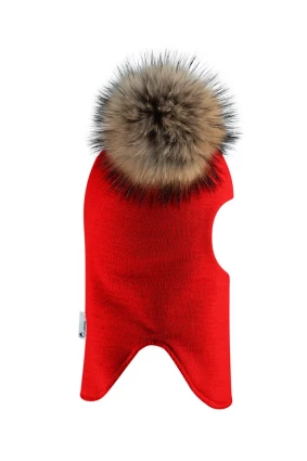 Зимняя шапочка-шлем Corona.hm "Карамелька" красный с 2 натуральными помпонами енот