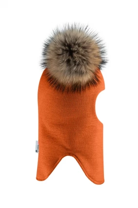 Зимняя шапочка-шлем Corona.hm "Карамелька" оранж с 2 натуральными помпонами енот