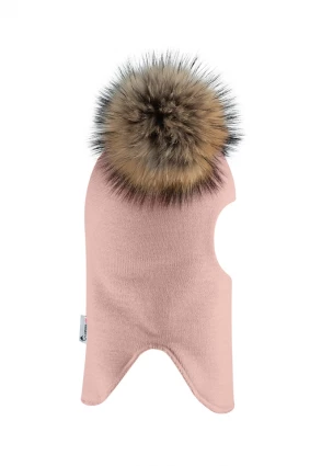 Зимняя шапочка-шлем Corona.hm "Карамелька" пудра с 2 натуральными помпонами енот