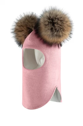 Зимняя шапочка-шлем Corona.hm "Карамелька" розовый с 2 натуральными помпонами енот