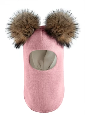 Зимняя шапочка-шлем Corona.hm "Карамелька" розовый с 2 натуральными помпонами енот