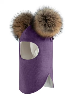 Зимняя шапочка-шлем Corona.hm "Карамелька" фиалка с 2 натуральными помпонами енот