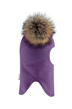 Зимняя шапочка-шлем Corona.hm "Карамелька" фиалка с 2 натуральными помпонами енот