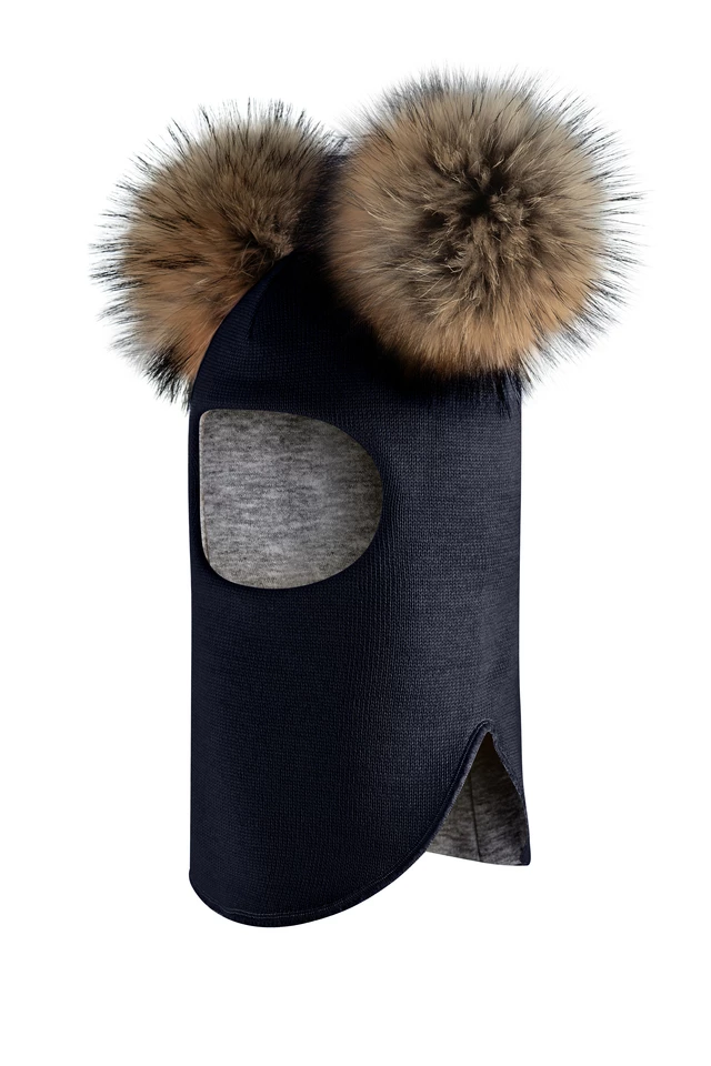 Зимова шапочка-шолом Corona.hm "Карамелька" синій оксамит з 2 натуральними помпонами єнот