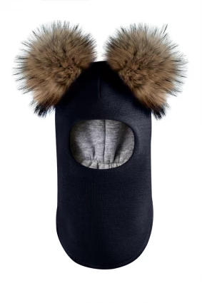 Зимова шапочка-шолом Corona.hm "Карамелька" синій оксамит з 2 натуральними помпонами єнот