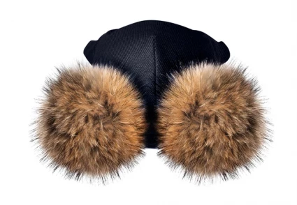 Зимова шапочка-шолом Corona.hm "Карамелька" синій оксамит з 2 натуральними помпонами єнот