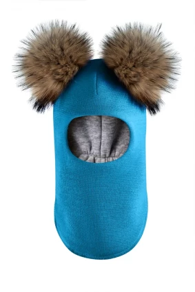 Зимова шапочка-шолом Corona.hm "Карамелька" бірюза з 2 натуральними помпонами єнот