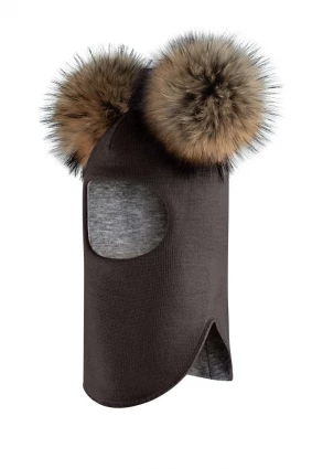 Зимняя шапочка-шлем Corona.hm "Карамелька" графит с 2 натуральными помпонами енот