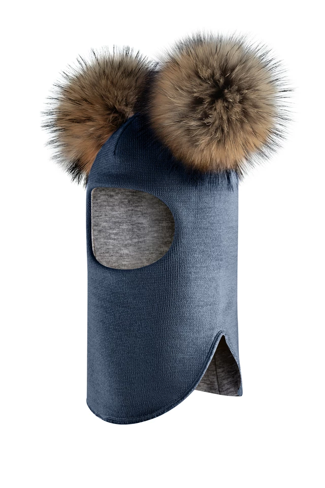 Зимова шапочка-шолом Corona.hm "Карамелька" джинс з 2 натуральними помпонами єнот