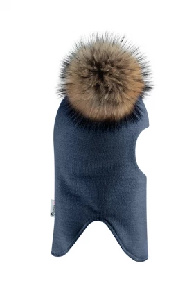 Зимова шапочка-шолом Corona.hm "Карамелька" джинс з 2 натуральними помпонами єнот