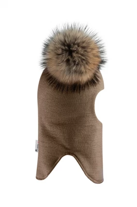 Зимова шапочка-шолом Corona.hm "Карамелька" молочний шоколад з 2 натуральними помпонами єнот