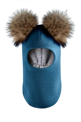 Зимова шапочка-шолом Corona.hm "Карамелька" морська хвиля з 2 натуральними помпонами єнот