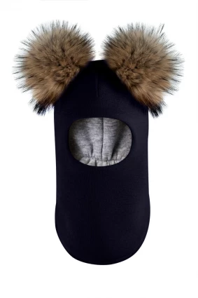 Зимняя шапочка-шлем Corona.hm "Карамелька" синий с 2 натуральными помпонами енот