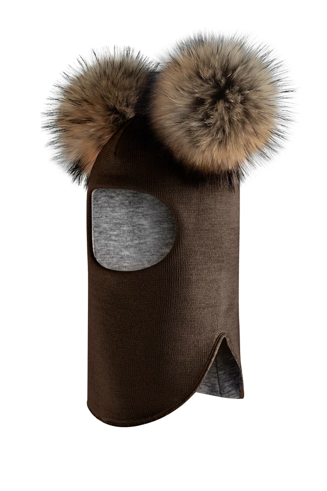 Зимова шапочка-шолом Corona.hm "Карамелька" шоколад з 2 натуральними помпонами єнот