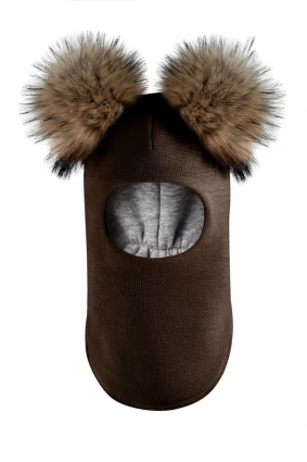 Зимова шапочка-шолом Corona.hm "Карамелька" шоколад з 2 натуральними помпонами єнот