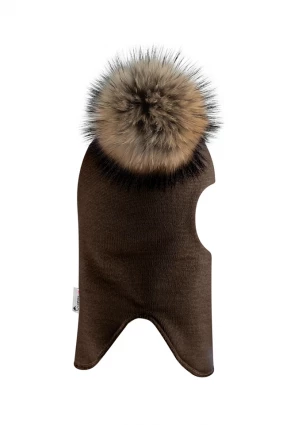 Зимова шапочка-шолом Corona.hm "Карамелька" шоколад з 2 натуральними помпонами єнот