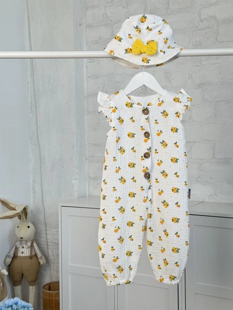 Комбинезон из муслина *Желтый цветочек* + панама с бантиком