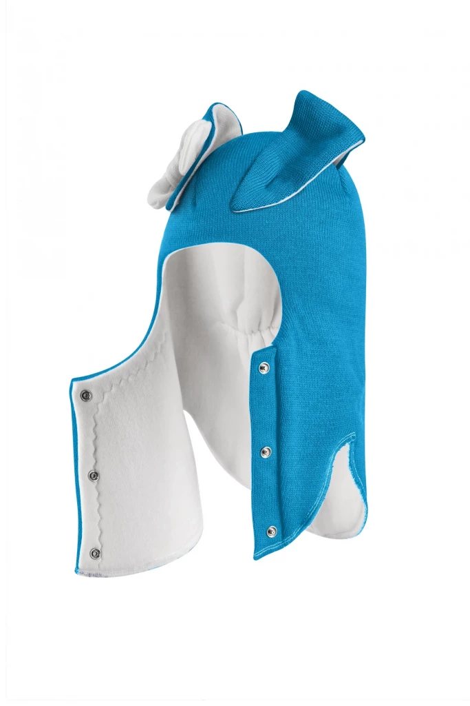 Зимняя шапочка-шлем Corona.hm "Зайчик" на кнопочках бирюза белый бантик