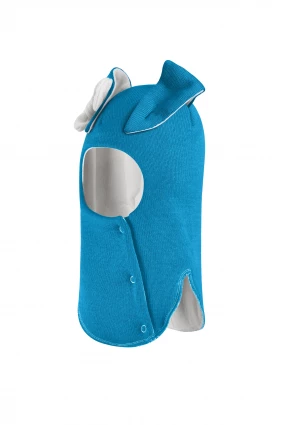 Зимняя шапочка-шлем Corona.hm "Зайчик" на кнопочках бирюза белый бантик