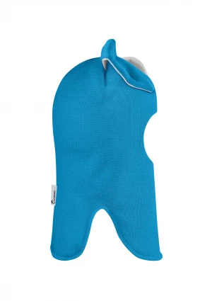 Зимняя шапочка-шлем Corona.hm "Зайчик" на кнопочках бирюза белый бантик