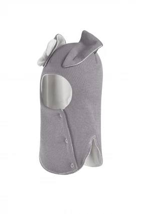 Зимняя шапочка-шлем Corona.hm "Зайчик" на кнопочках дымка белый бантик