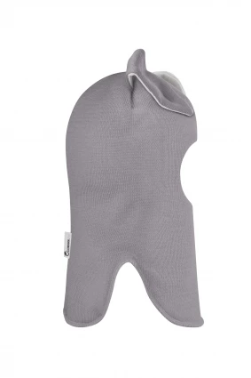 Зимняя шапочка-шлем Corona.hm "Зайчик" на кнопочках дымка белый бантик