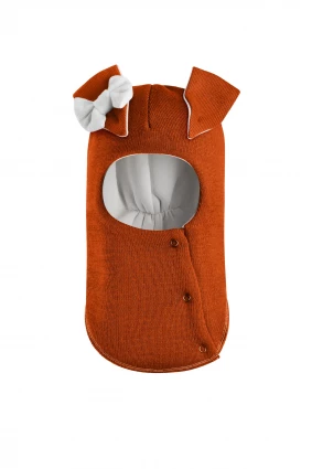 Зимняя шапочка-шлем Corona.hm "Зайчик" на кнопочках оранж белый бантик