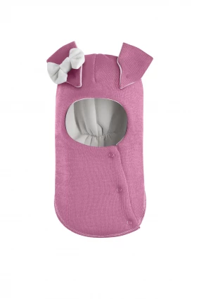 Зимняя шапочка-шлем Corona.hm "Зайчик" на кнопочках пыльно-розовый  бантик