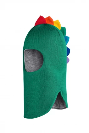 Зимняя шапочка шлем Corona.hm " Дино с гребешком радуга"  изумруд