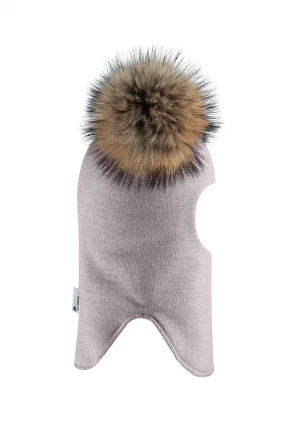 Зимняя шапочка-шлем Corona.hm "Карамелька" дымка с 2 натуральными помпонами енот