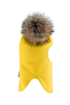 Зимняя шапочка-шлем Corona.hm "Карамелька" солнце с 2 натуральными помпонами енот