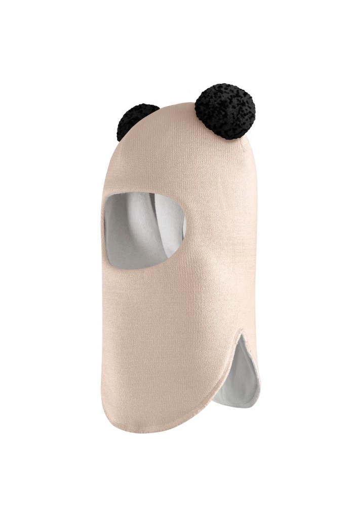 Зимняя шапочка шлем Corona.hm "Пандочка с черными помпонами" беж золотой