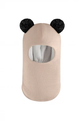 Зимняя шапочка шлем Corona.hm "Пандочка с черными помпонами" беж золотой