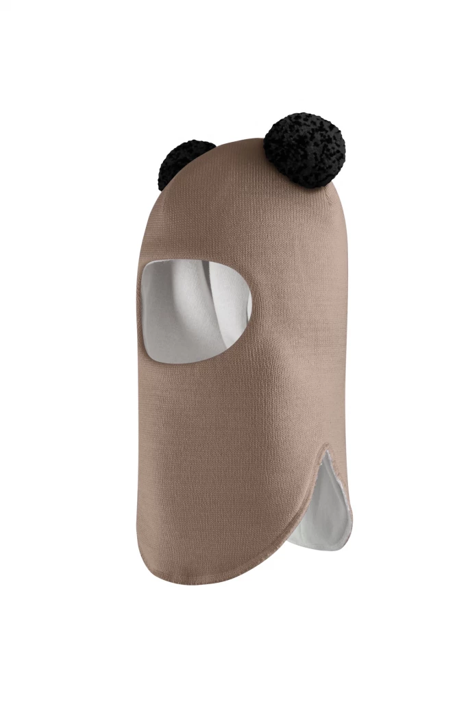 Зимняя шапочка шлем Corona.hm "Пандочка с черными помпонами" молочный шоколад