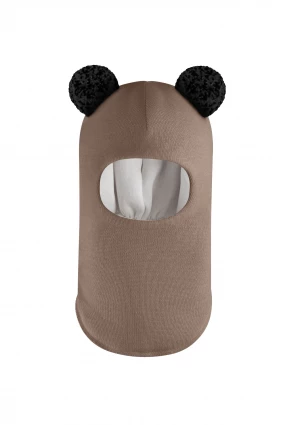Зимняя шапочка шлем Corona.hm "Пандочка с черными помпонами" молочный шоколад