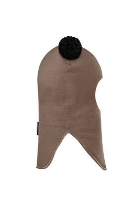 Зимняя шапочка шлем Corona.hm "Пандочка с черными помпонами" молочный шоколад