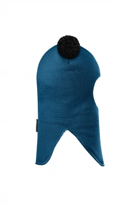 Зимняя шапочка шлем Corona.hm "Пандочка с черными помпонами" морская волна