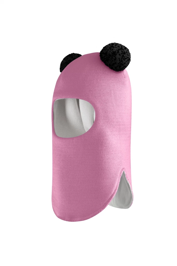 Зимняя шапочка шлем Corona.hm "Пандочка с черными помпонами" пыльно-розовый
