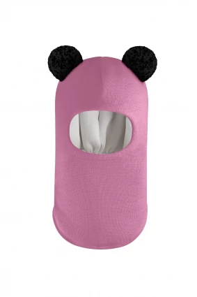 Зимняя шапочка шлем Corona.hm "Пандочка с черными помпонами" пыльно-розовый