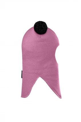 Зимняя шапочка шлем Corona.hm "Пандочка с черными помпонами" пыльно-розовый