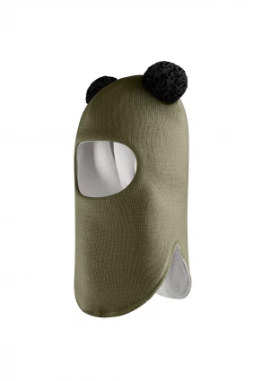 Зимняя шапочка шлем Corona.hm "Пандочка с черными помпонами" хаки