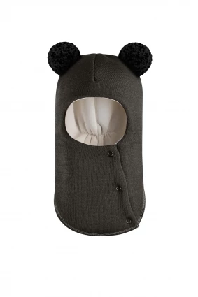 Зимова шапочка-шолом Corona.hm "Пандочка з чорними помпонами" на кнопочках графіт