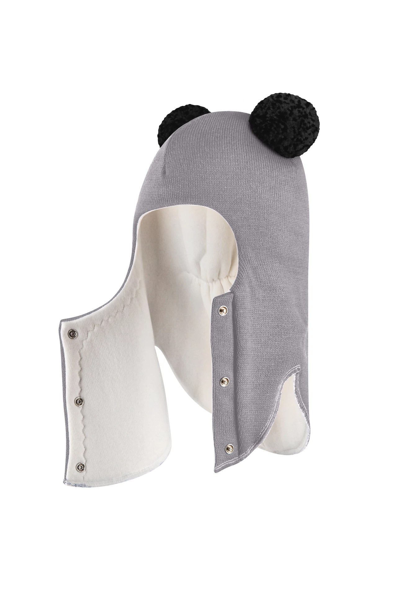 Зимова шапочка-шолом Corona.hm "Пандочка з чорними помпонами" на кнопочках димка