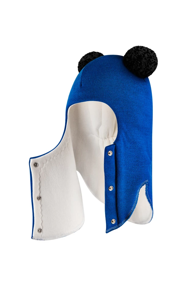 Зимова шапочка-шолом Corona.hm "Пандочка з чорними помпонами" на кнопочках електрик