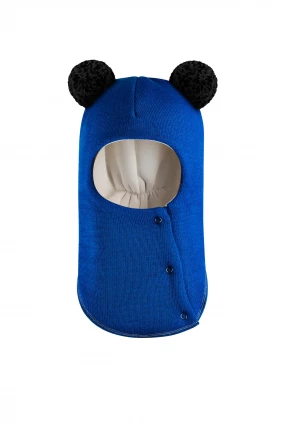 Зимова шапочка-шолом Corona.hm "Пандочка з чорними помпонами" на кнопочках електрик