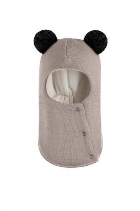 Зимова шапочка-шолом Corona.hm "Пандочка з чорними помпонами" на кнопочках капучіно