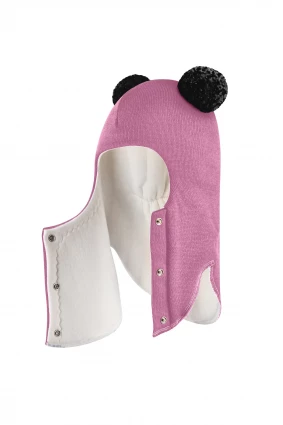 Зимова шапочка-шолом Corona.hm "Пандочка з чорними помпонами" на кнопочках пильно-рожевий