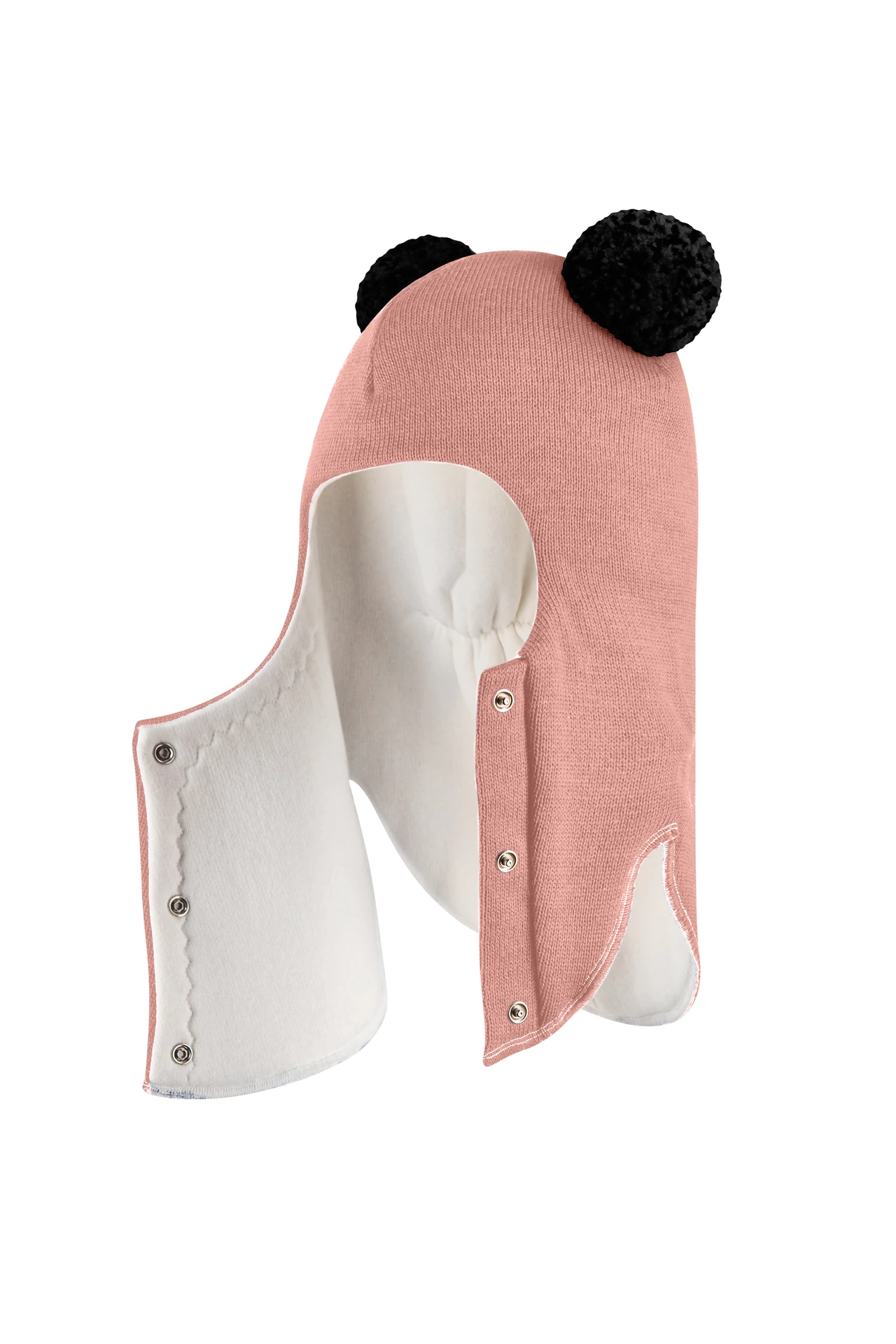 Зимова шапочка-шолом Corona.hm "Пандочка з чорними помпонами" на кнопочках пудра
